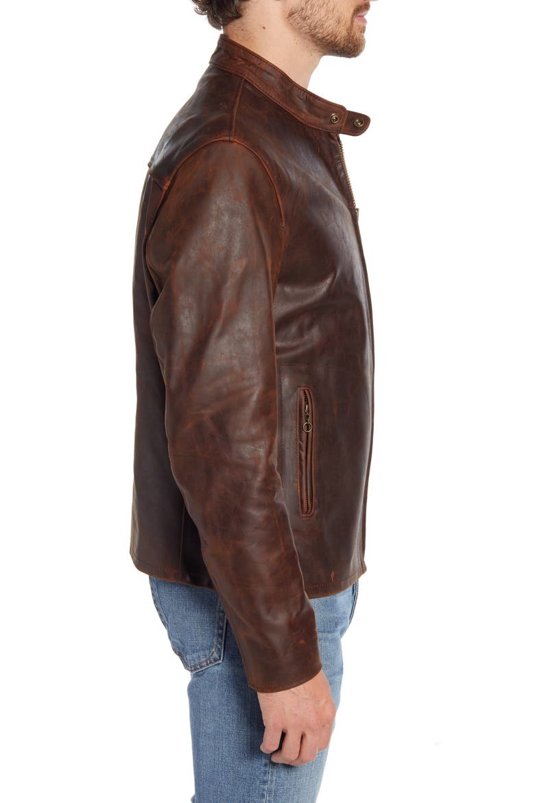 Café Racer Lightweight Oiled Cowhide Leather Jacket, Alternate, color, BROWN