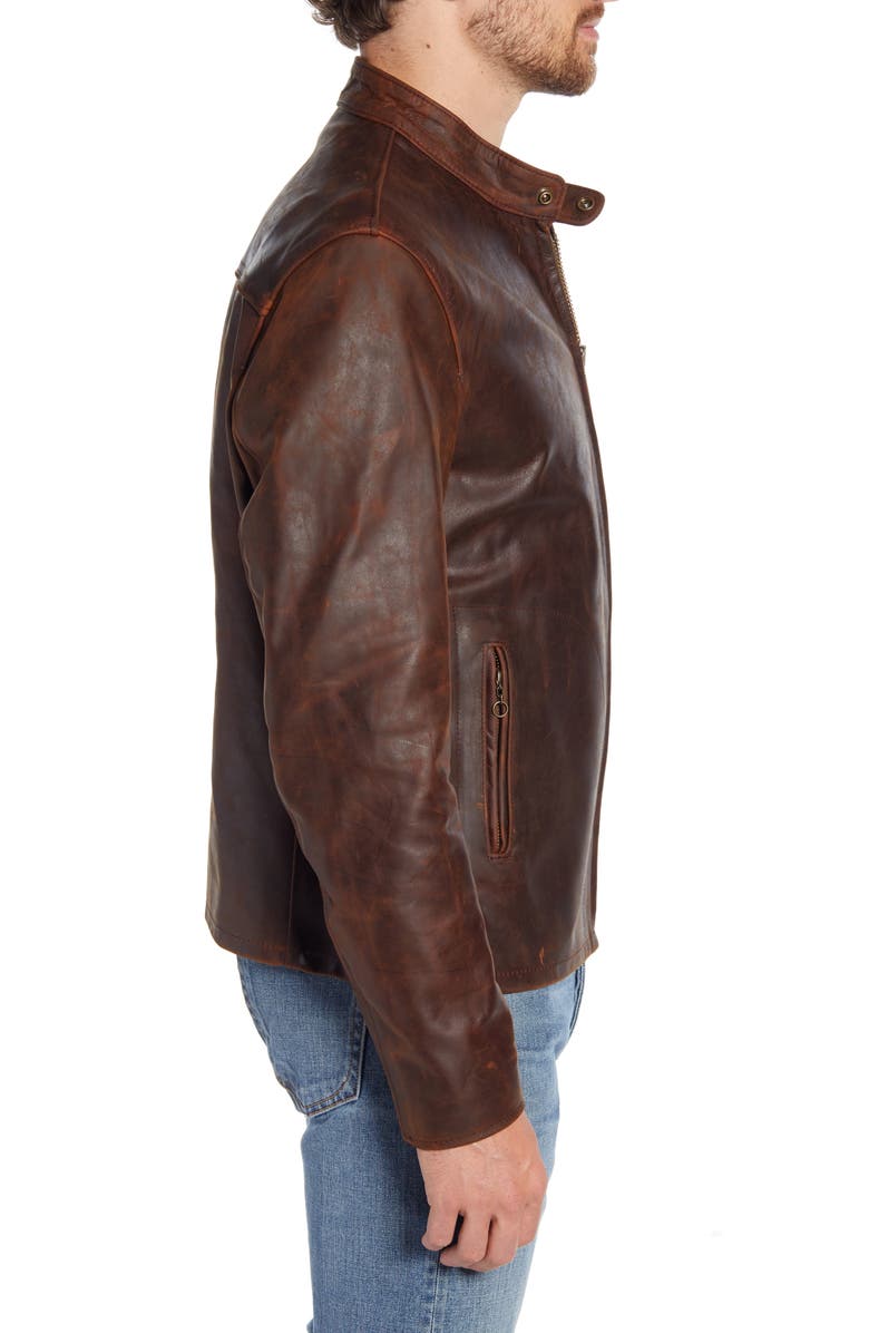 Schott NYC Café Racer Lightweight Oiled Cowhide Leather Jacket, Alternate, color, Brown