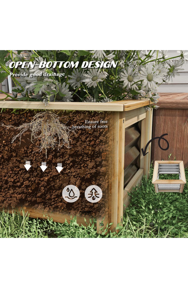 Outsunny Raised Set of, Stock Tanks for Growing Flowers, Metal Reinforced with Wood, Planters for Plants, Alternate, color, Natural And Silver