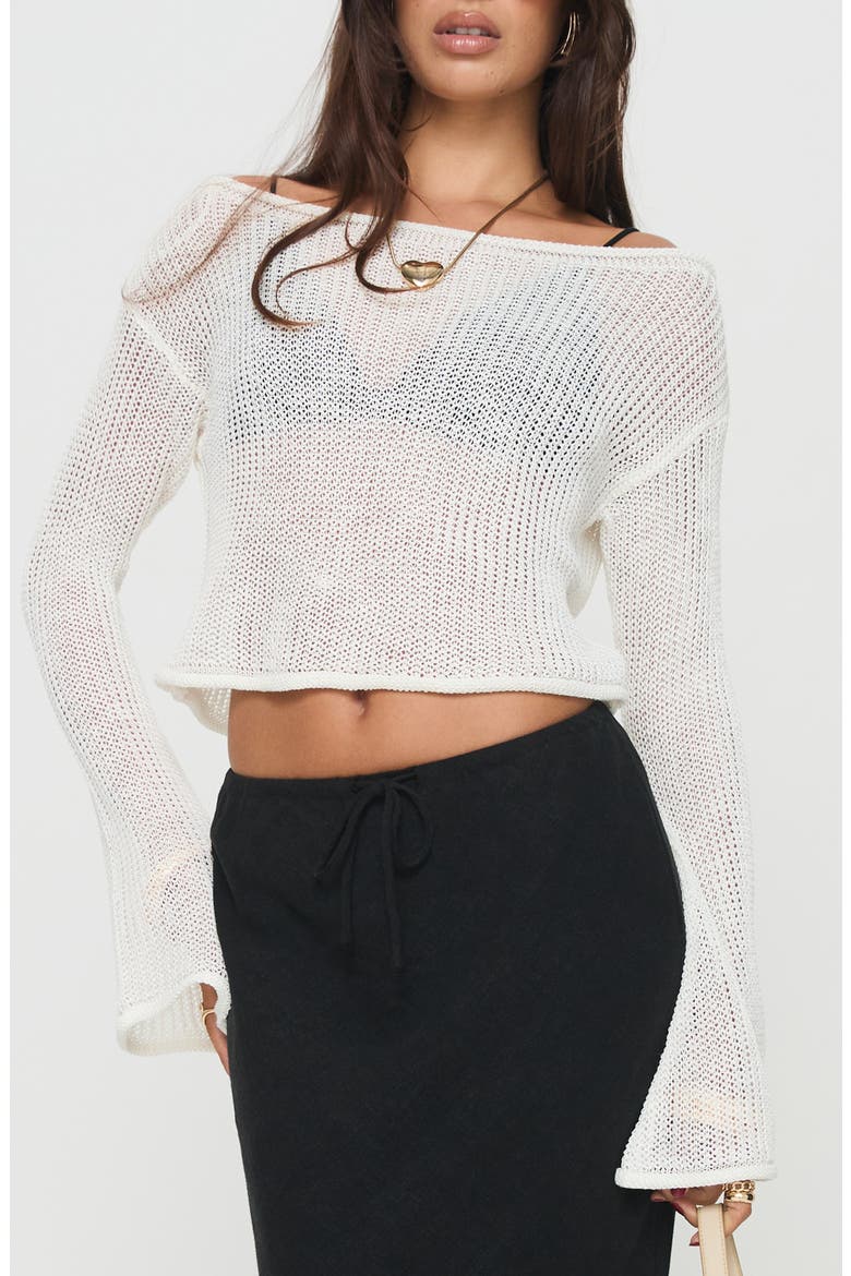 Cafe Pari Open Stitch Off the Shoulder Crop Sweater, Main, color, WHITE