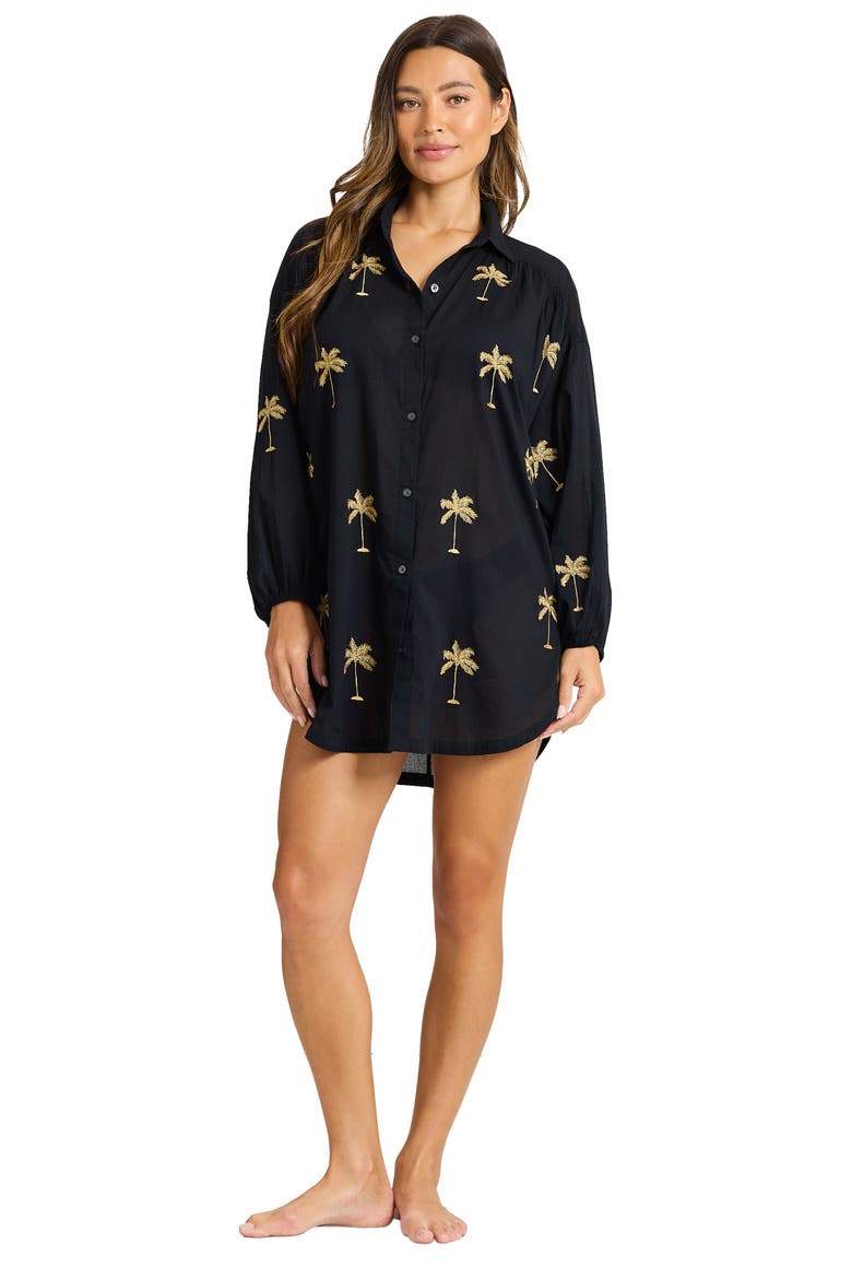 Catalina Coast Palm Cover-Up Shirt, Alternate, color, BLACK