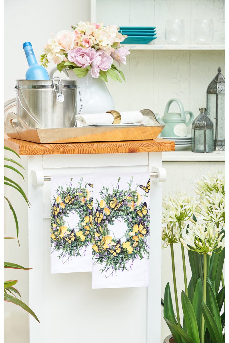 Butterfly Wreath Design Spring Theme Printed Flour Sack Kitchen Dishtowel, Alternate, color, White
