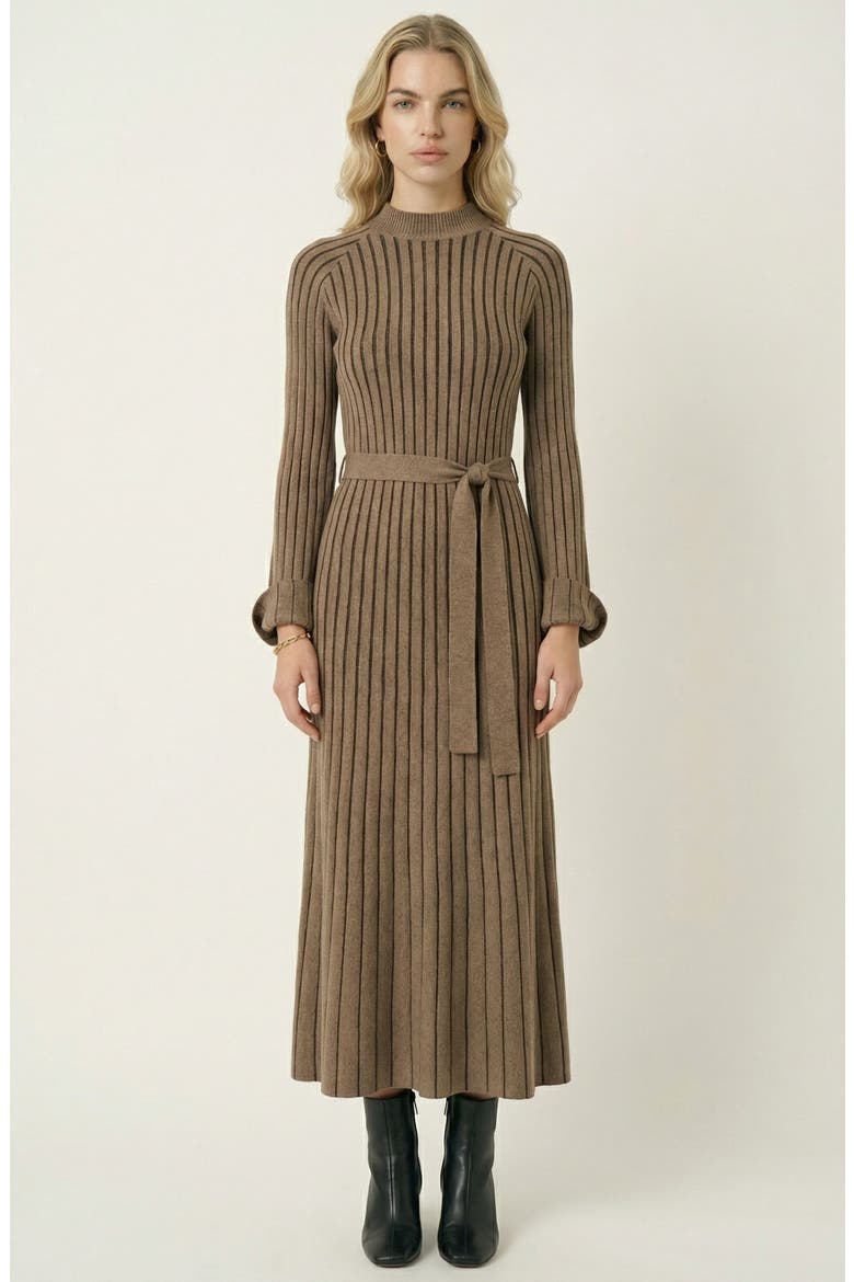 Ribbed Knit Long Sleeve Maxi Dress with Flared Cuffs and Fit-and-Flare, Main, color, Brown