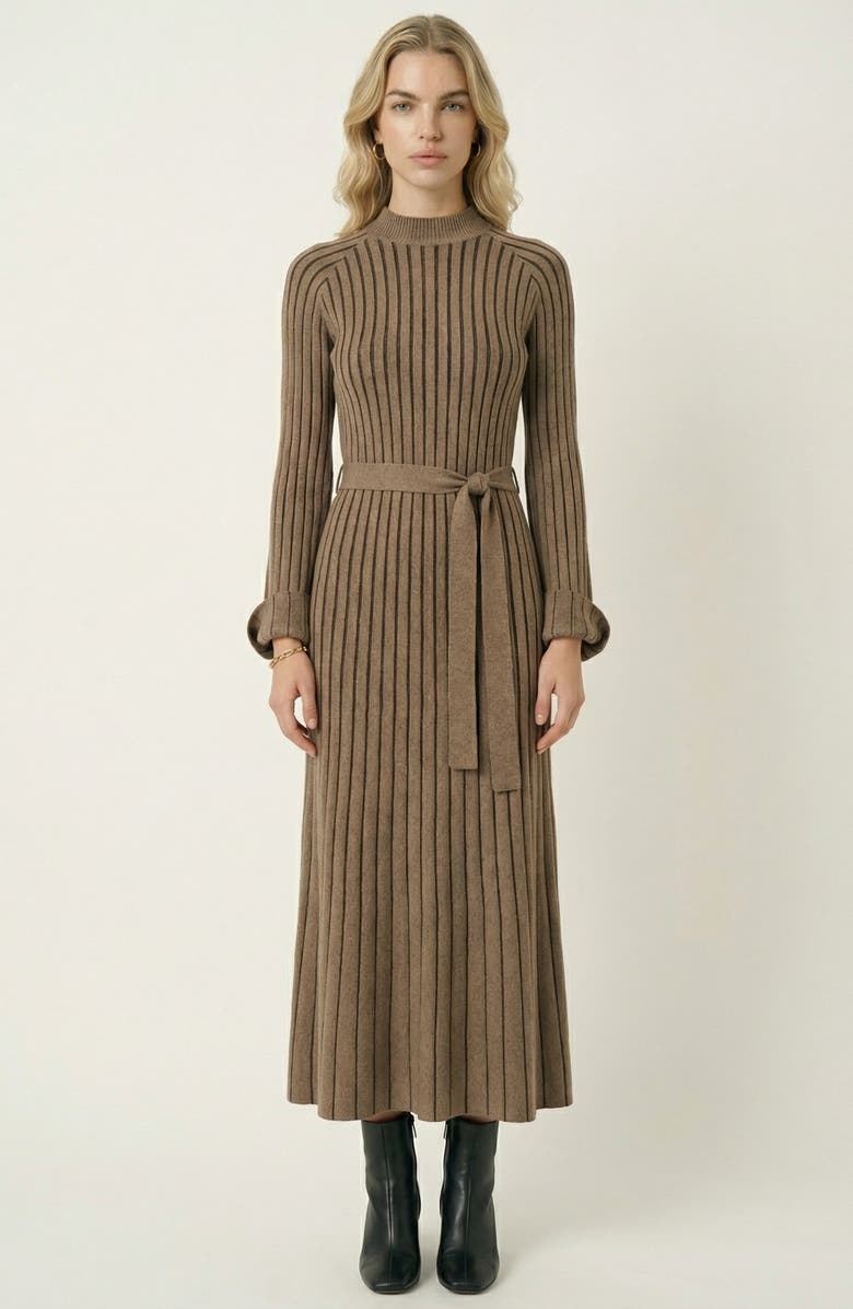 Modenaire Ribbed Knit Long Sleeve Maxi Dress with Flared Cuffs and Fit-and-Flare, Main, color, Brown