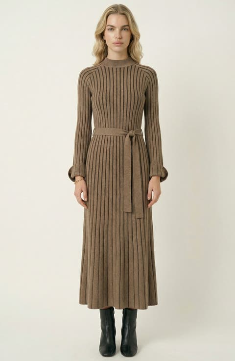 Ribbed Knit Long Sleeve Maxi Dress with Flared Cuffs and Fit-and-Flare