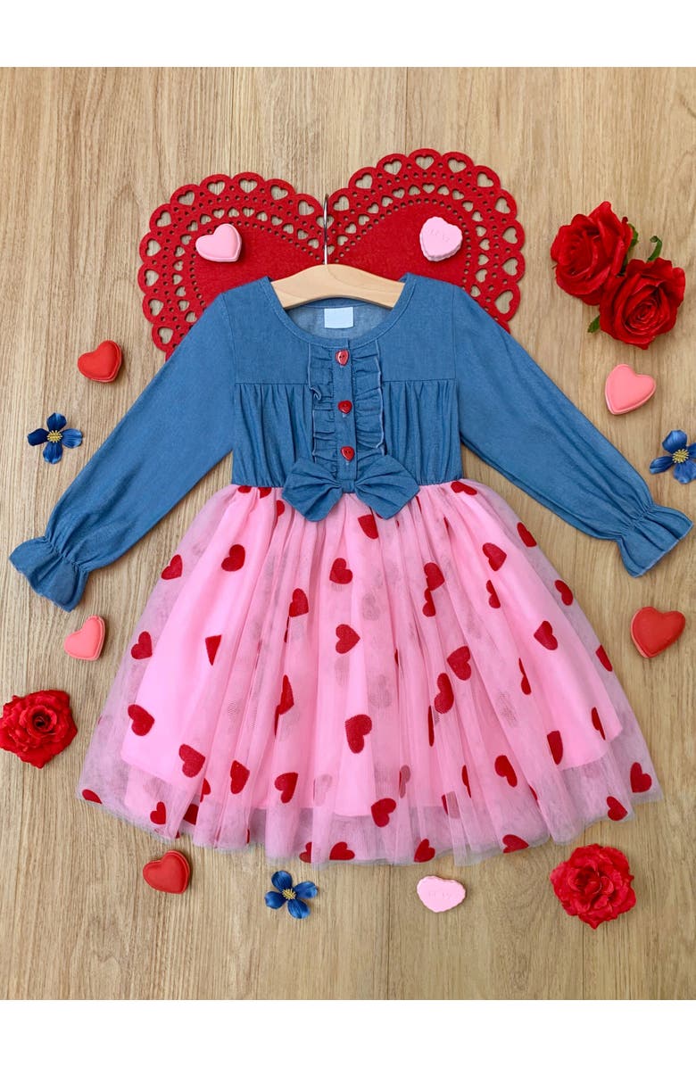 Mia Belle Girls Twirl Into My Heart Chambray Tutu Dress, Alternate, color, Red