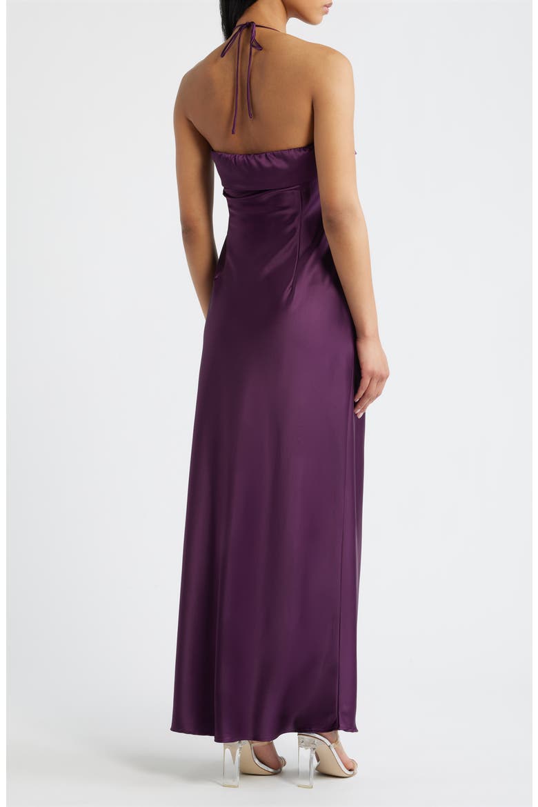 Fireproof Ruched Halter Satin Gown, Alternate, color, PLUM