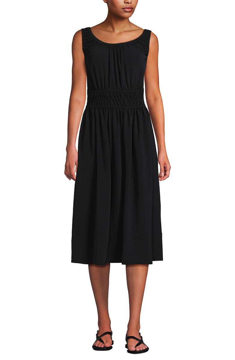 Lands' End Sleeveless Poplin Smocked Midi Dress, Main, color, Black