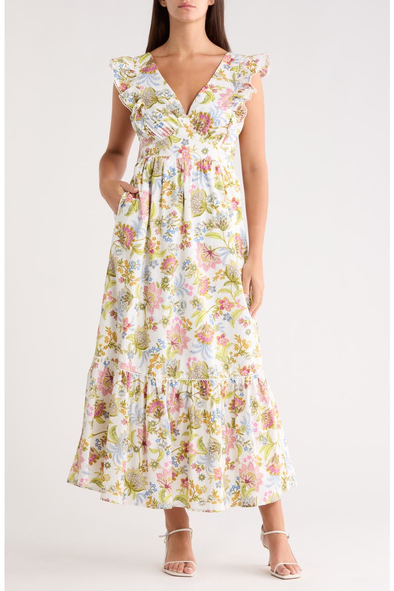 Pany Floral Ruffle Maxi Dress, Main, color, PINK-GREEN-BLUE