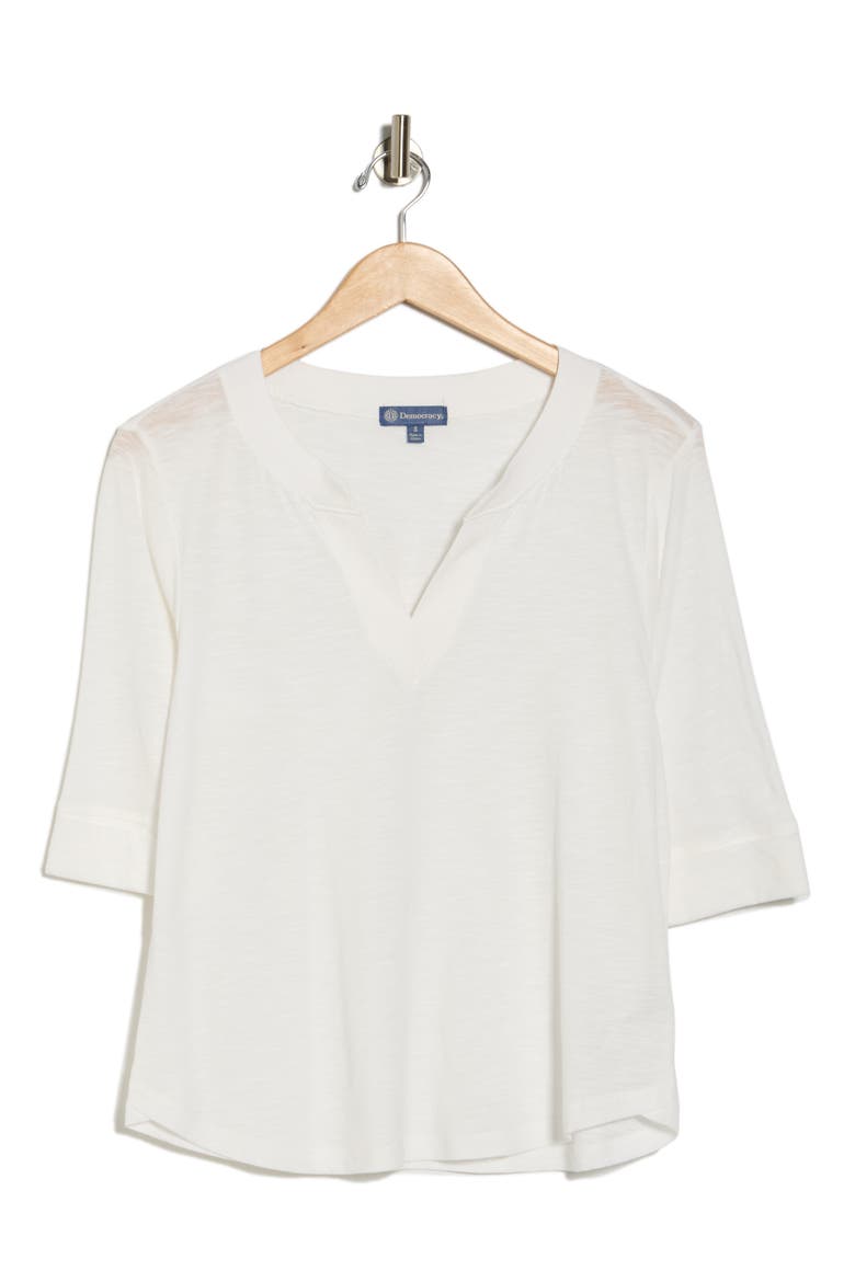 Split Neck Three-Quarter Sleeve Top, Alternate, color, OFF WHITE