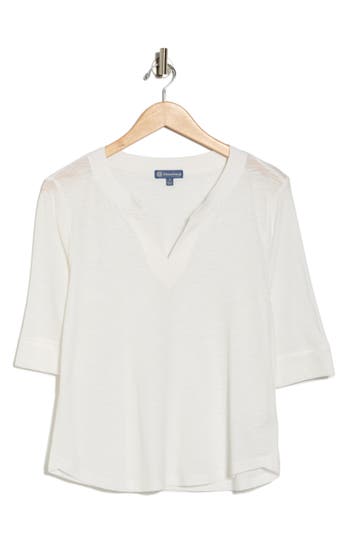 Democracy Split Neck Three-quarter Sleeve Top In White
