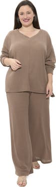 24seven Comfort Apparel Basic Curvy V-neck Long Sleeve Soft Waffle Knit Top And Pant Set