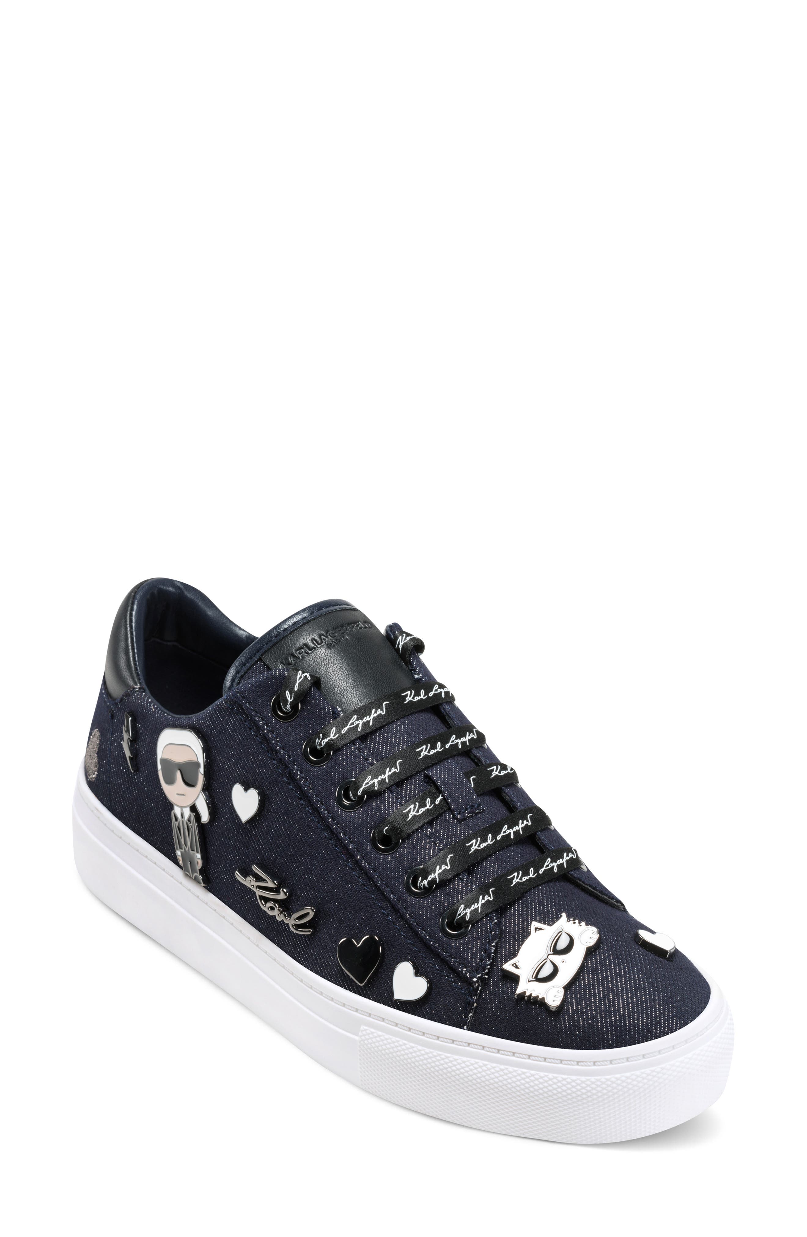KARL LAGERFELD PARIS Cate Pin Logo Low Top Sneaker, Main, color, Dark Navy