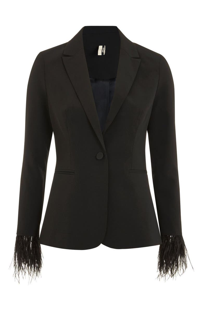 Topshop Feather Trim Blazer, Alternate, color,