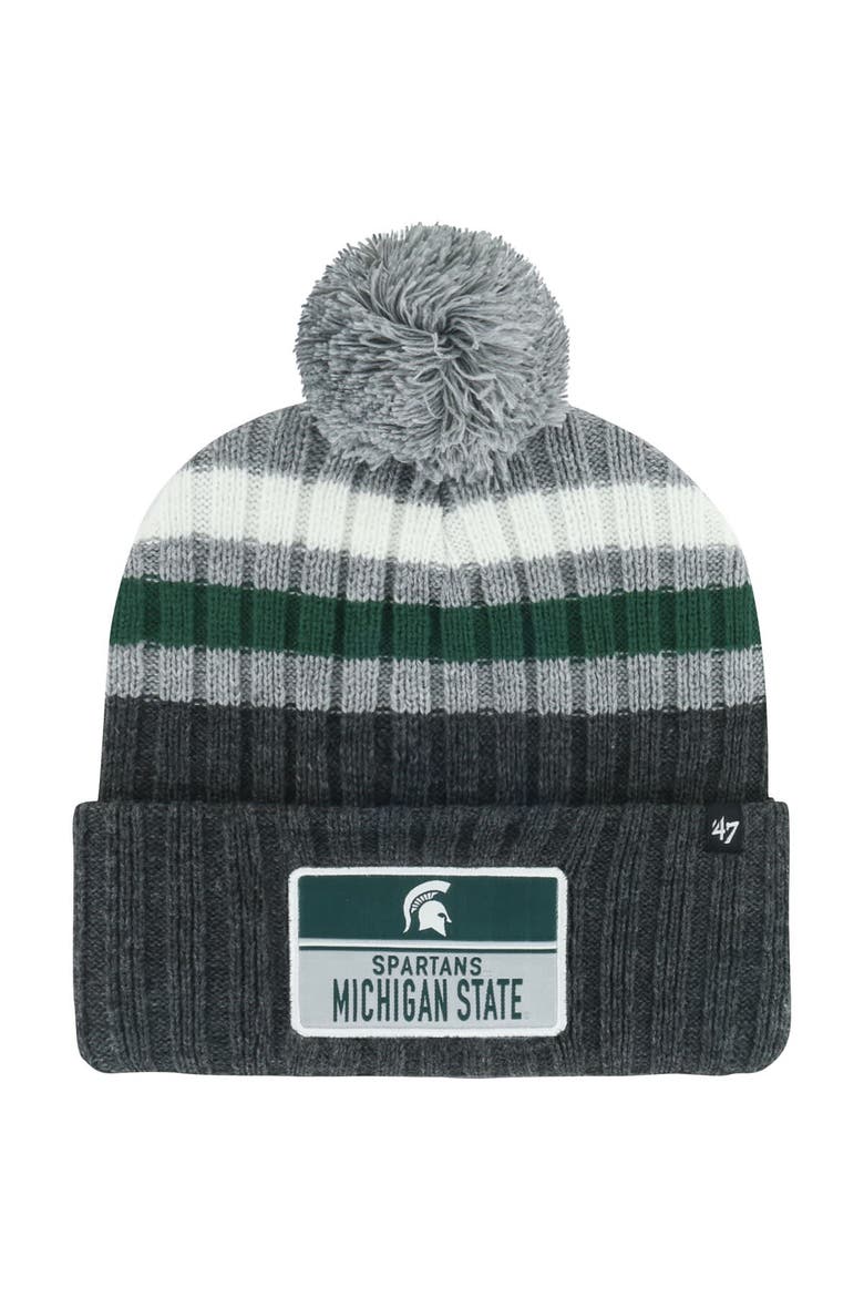 Men's '47 Charcoal Michigan State Spartans Stack Striped Cuffed Knit Hat with Pom, Main, color, Charcoal