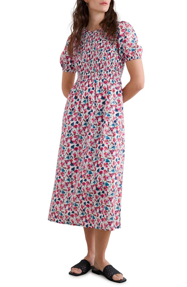 Seasalt Cornwall Meadowsweet Smocked Organic Cotton Midi Dress, Main, color, Parasol Floral Chalk