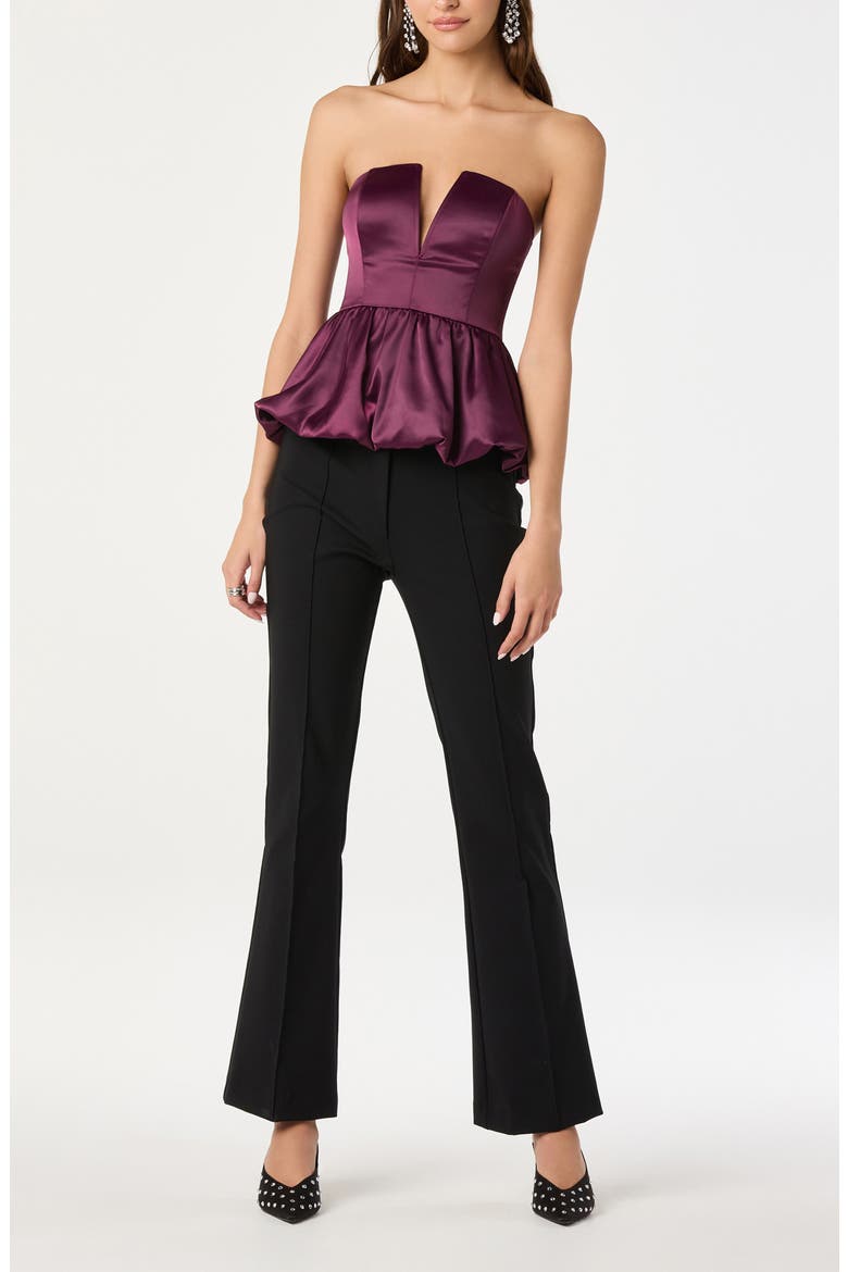 Satin Strapless Plunge Peplum Top, Alternate, color, WINE