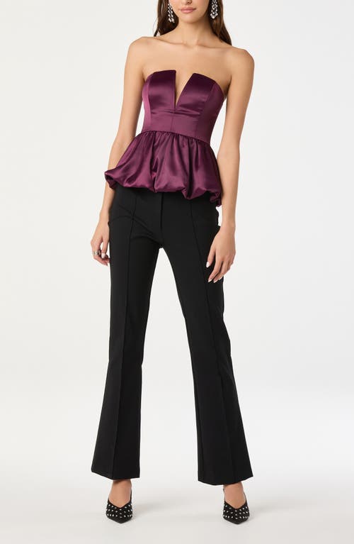 Astr The Label Satin Strapless Plunge Peplum Top In Purple
