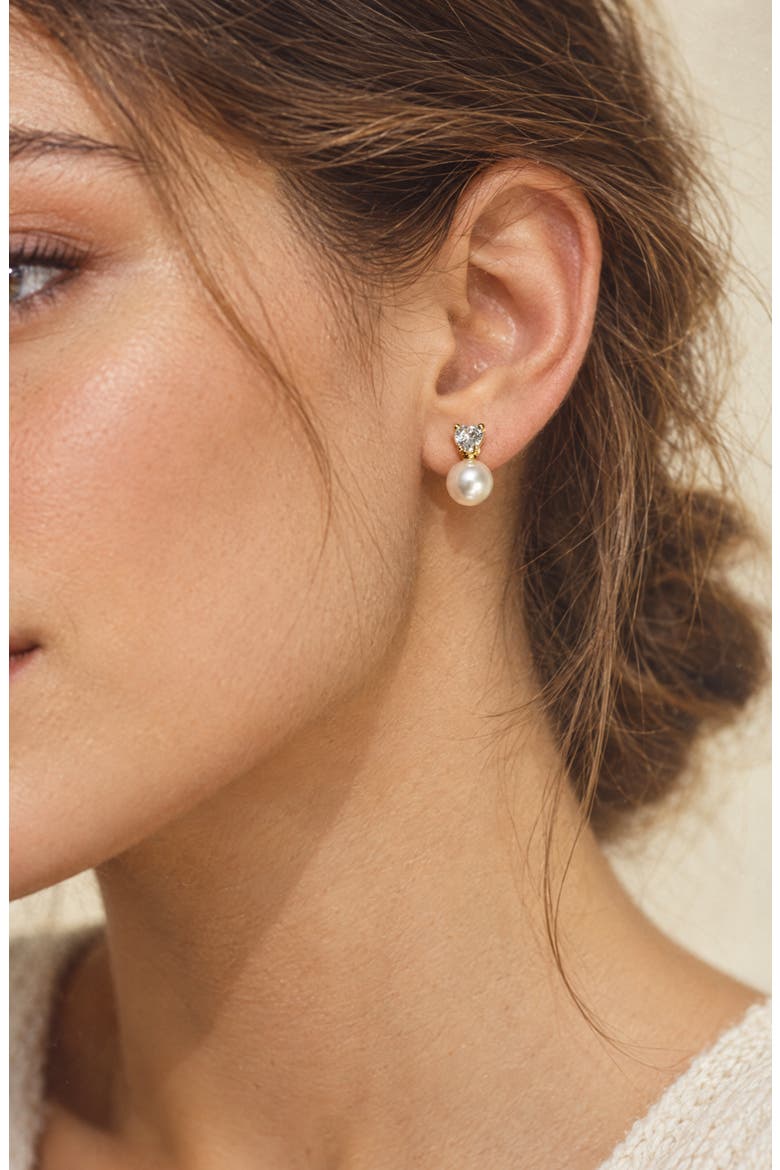 Addison Heart Cubic Zirconia & Imitation Pearl Stud Earrings, Alternate, color, GOLD