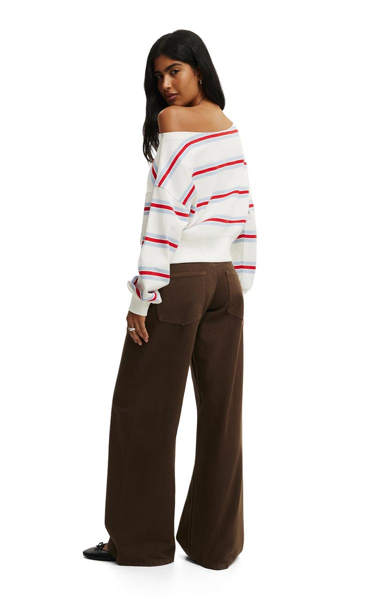 Cotton On Women's Relaxed Off Shoulder Sweatshirt, Alternate, color, Cream Red Blue Multi Stripe