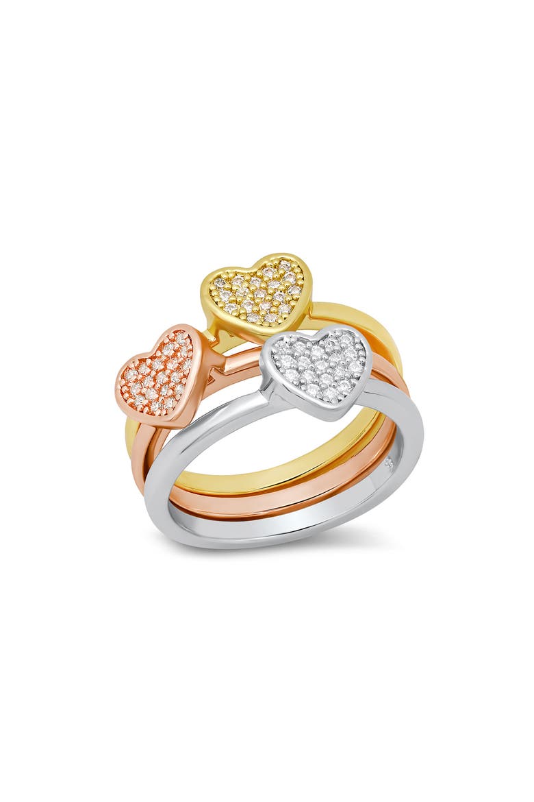 Set of 3 Tri-Tone Pavé Heart Rings, Main, color, ROSE GOLD MULTI