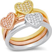 HMY JEWELRY Set of 3 Tri-Tone Pavé Heart Rings