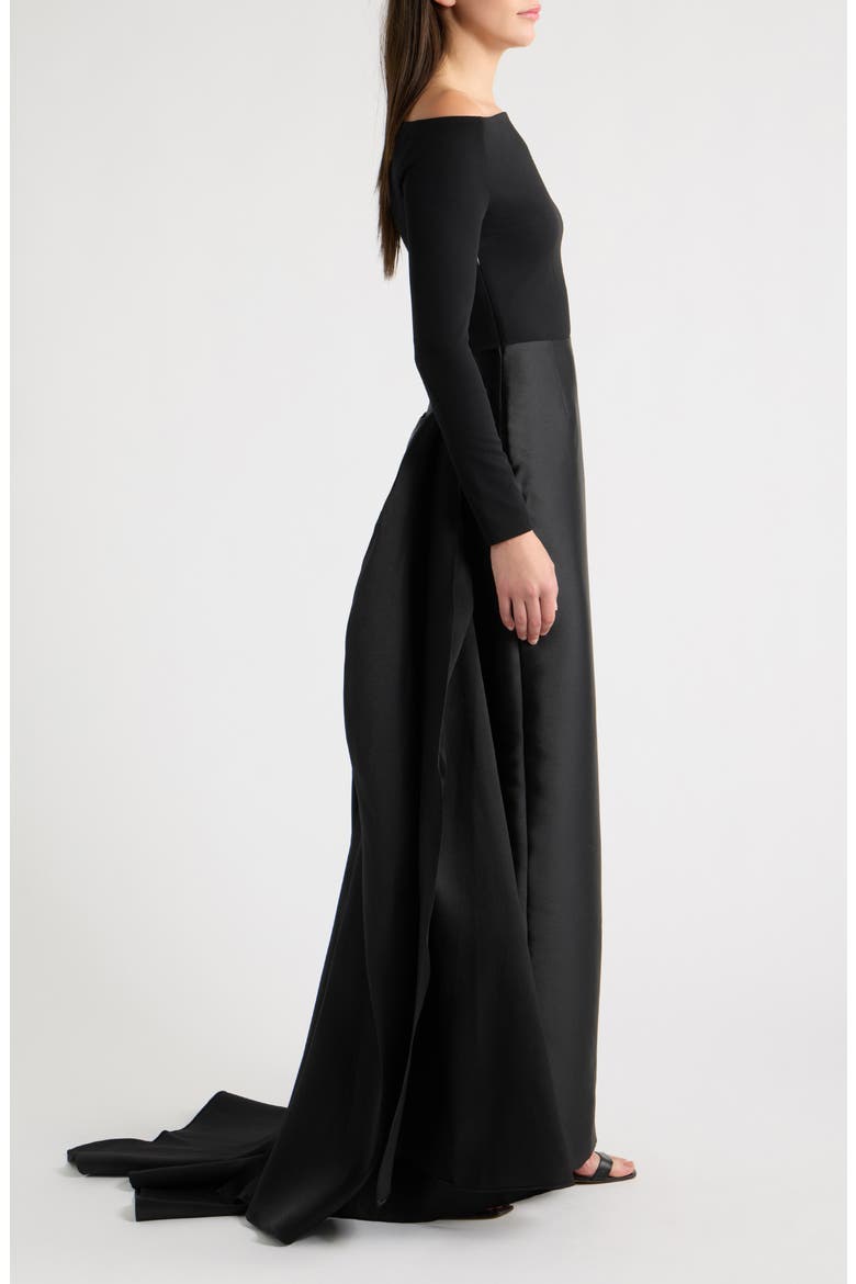 Winslow Off the Shoulder Long Sleeve Crepe & Satin Gown, Alternate, color, BLACK