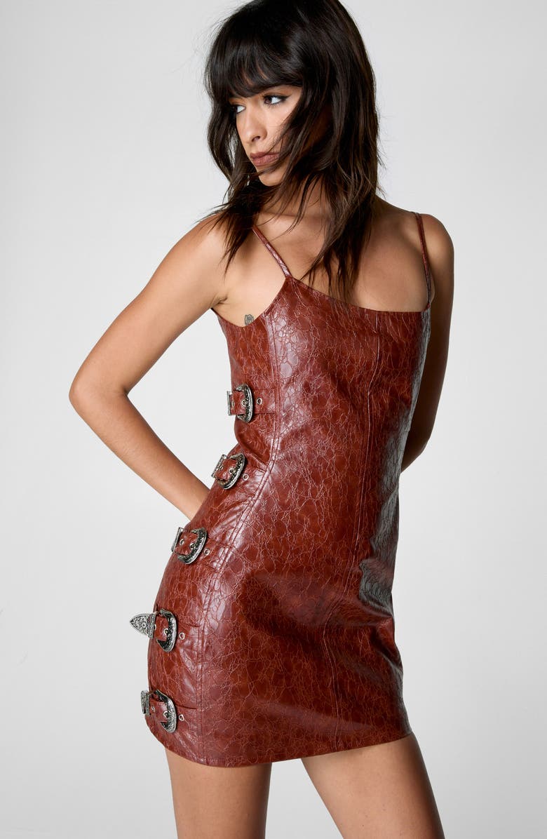 NASTY GAL Distressed Faux Leather Minidress, Alternate, color, Rust