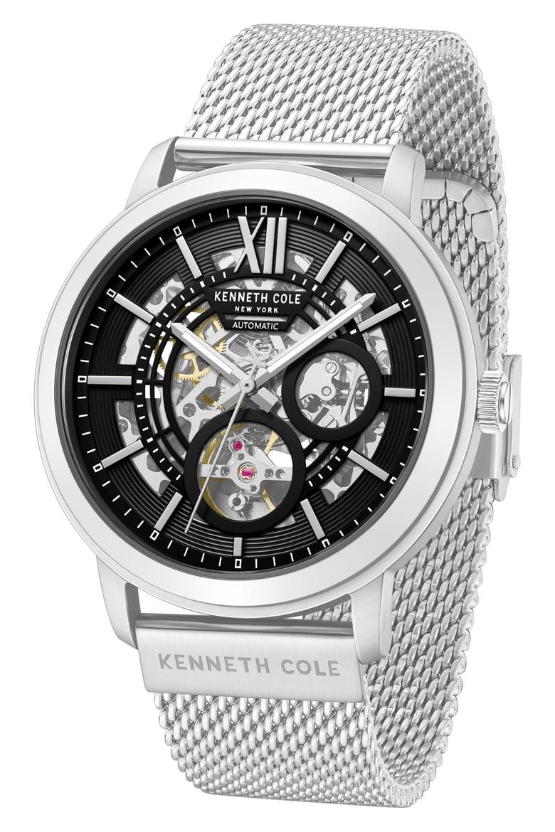 Pacific Skeleton Dial Automatic Mesh Strap Watch, 43.6mm, Alternate, color, SILVER