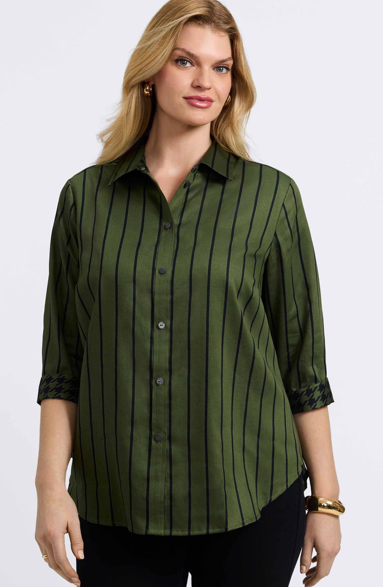 Foxcroft Margie Stripe Three-Quarter Sleeve Button-Up Shirt, Alternate, color, Basil Green/ Black