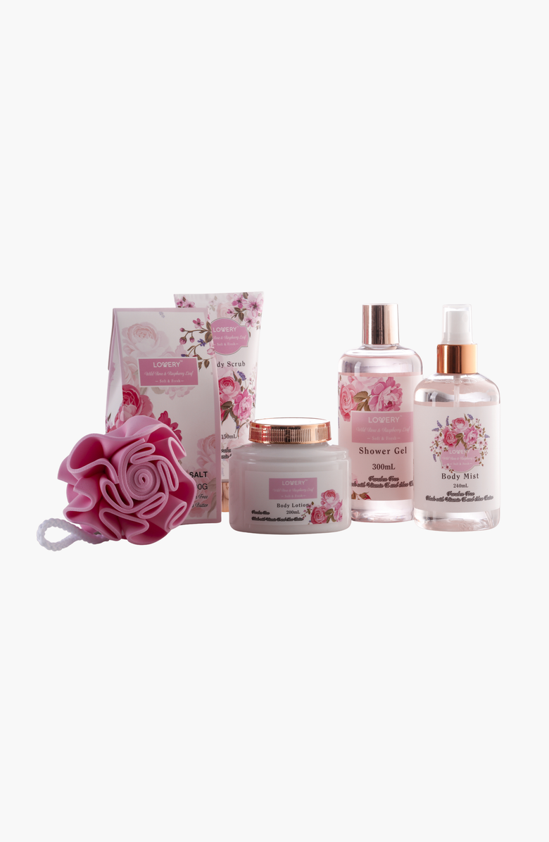 Lovery Wild Rose & Raspberry Leaf 7pc Home Spa Gift Basket, Alternate, color, Pink Floral Design