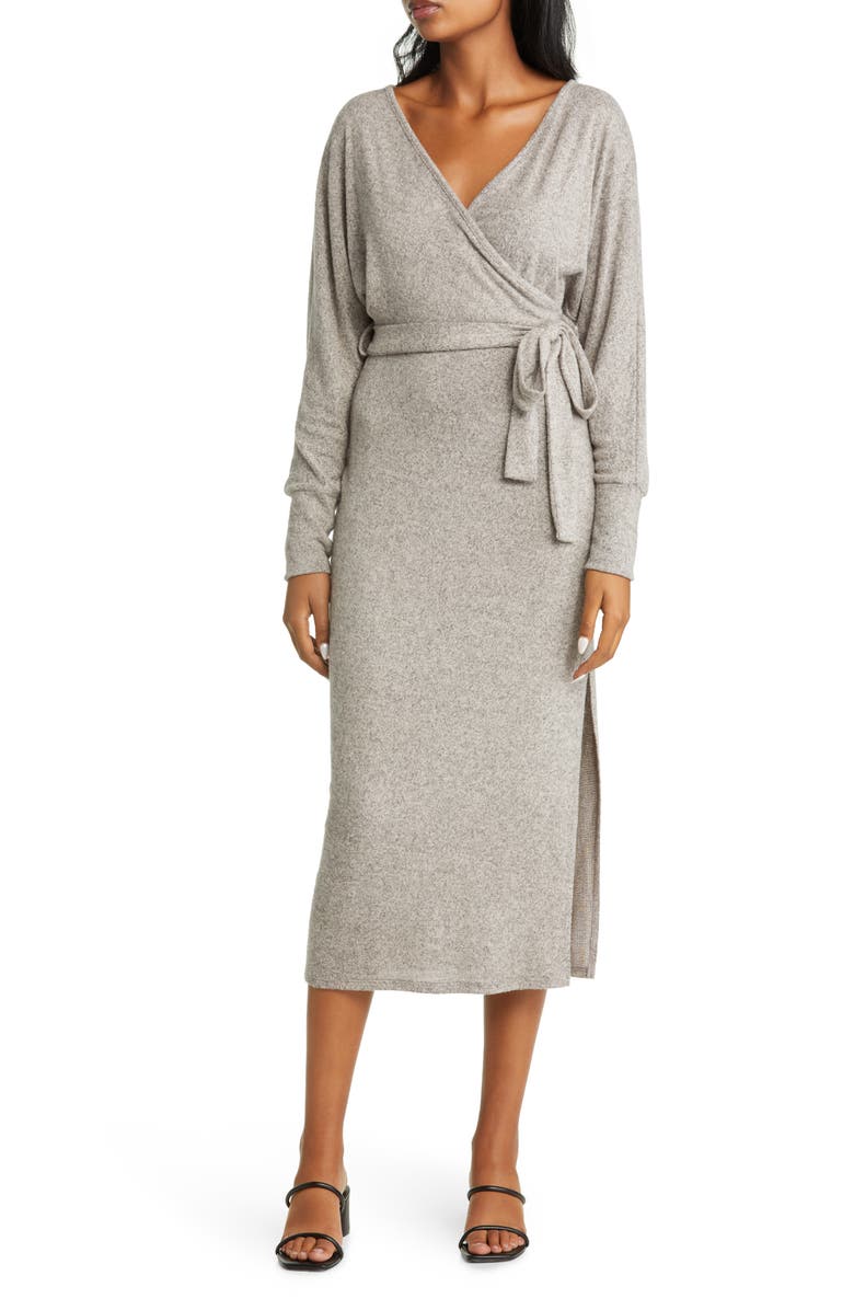 Loveappella Long Sleeve Faux Wrap Midi Dress, Main, color, Natural