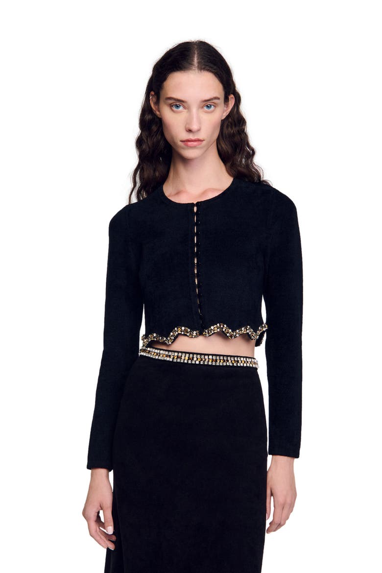 Short rhinestone velvet knit cardie, Alternate, color, Black