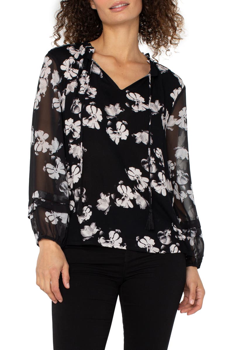 Liverpool Los Angeles Shirred Woven Popover Top, Main, color, Black White Floral