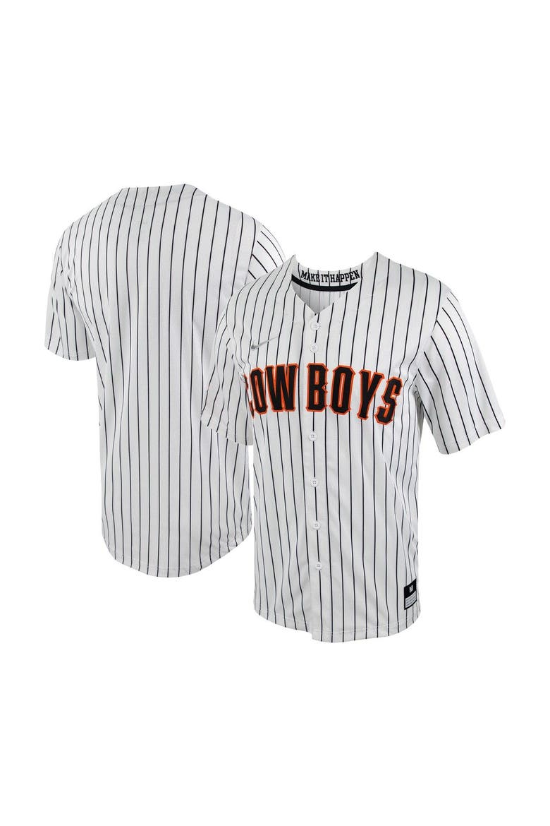 Men's Nike White/Black Oklahoma State Cowboys Pinstripe Replica Full-Button Baseball Jersey, Main, color, White