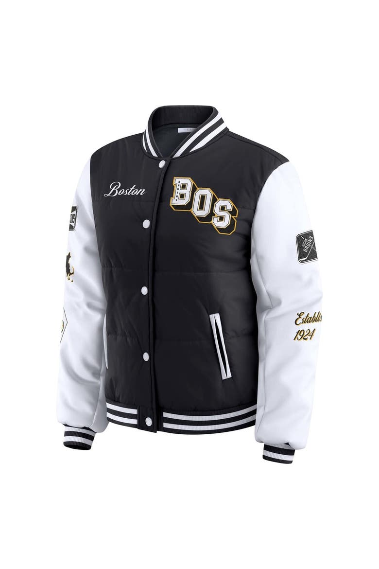 Women's WEAR by Erin Andrews Black/White Boston Bruins Varsity Full-Snap Puffer Jacket, Alternate, color, Black