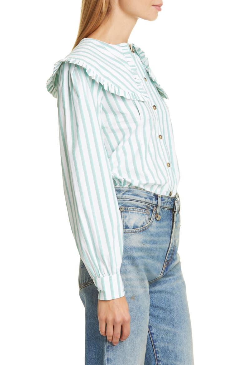 Stripe Ruffle Collar Cotton Poplin Blouse, Alternate, color, KALAMATA