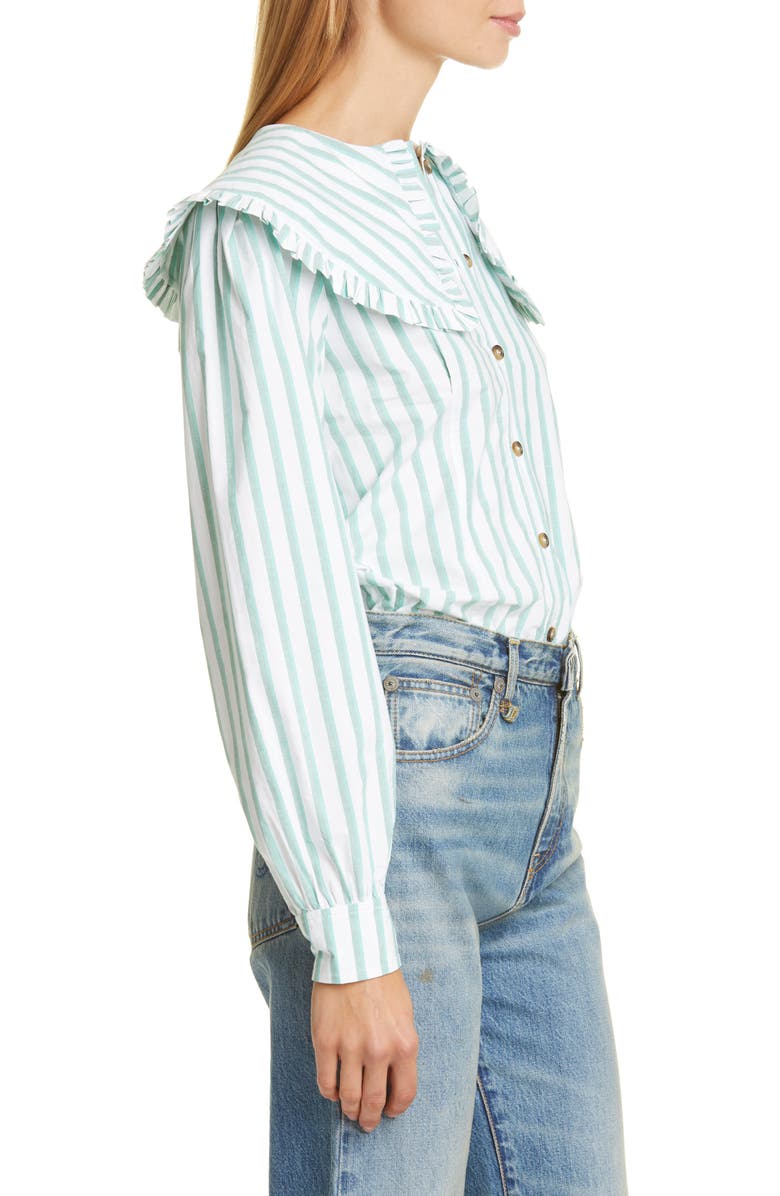 Ganni Stripe Ruffle Collar Cotton Poplin Blouse, Alternate, color, 