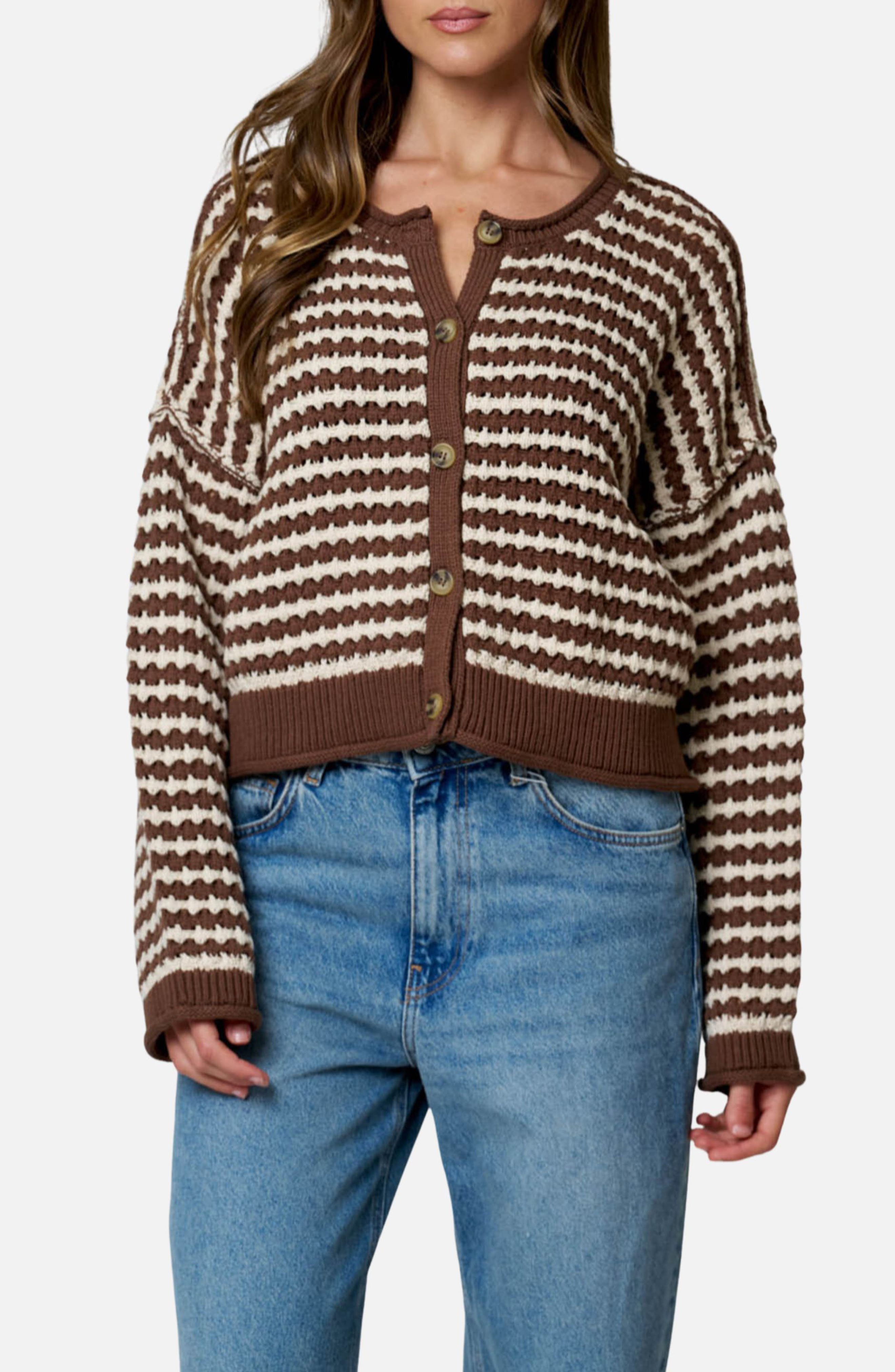 Blu Pepper Stripe Cotton Blend Cardigan In Brown