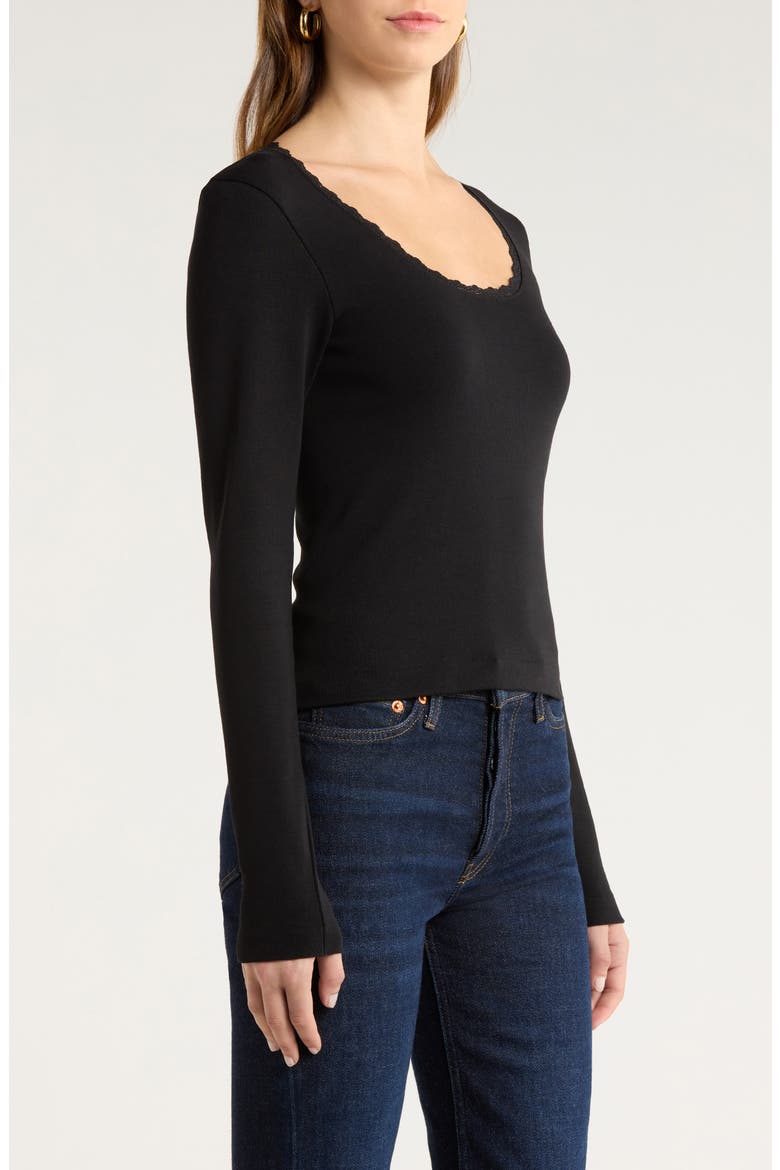 Lace Trim Stretch Cotton Top, Alternate, color, BLACK