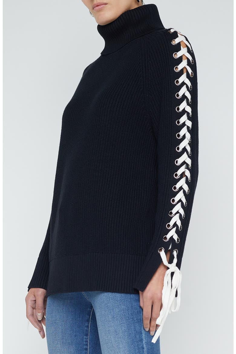 Nola Lace Up Turtleneck Sweater, Alternate, color, BLACK/ IVORY