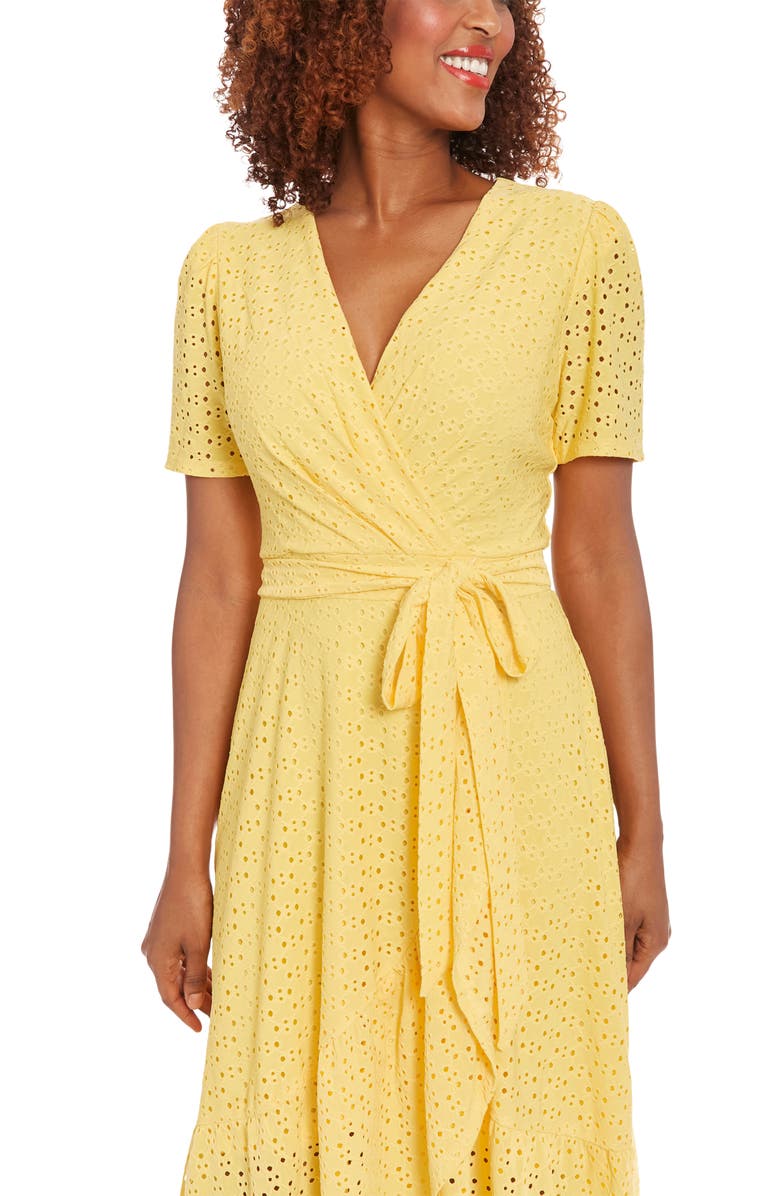 London Times Stretch Eyelet Short Sleeve Ruffle Wrap Dress, Alternate, color, Snapdragon