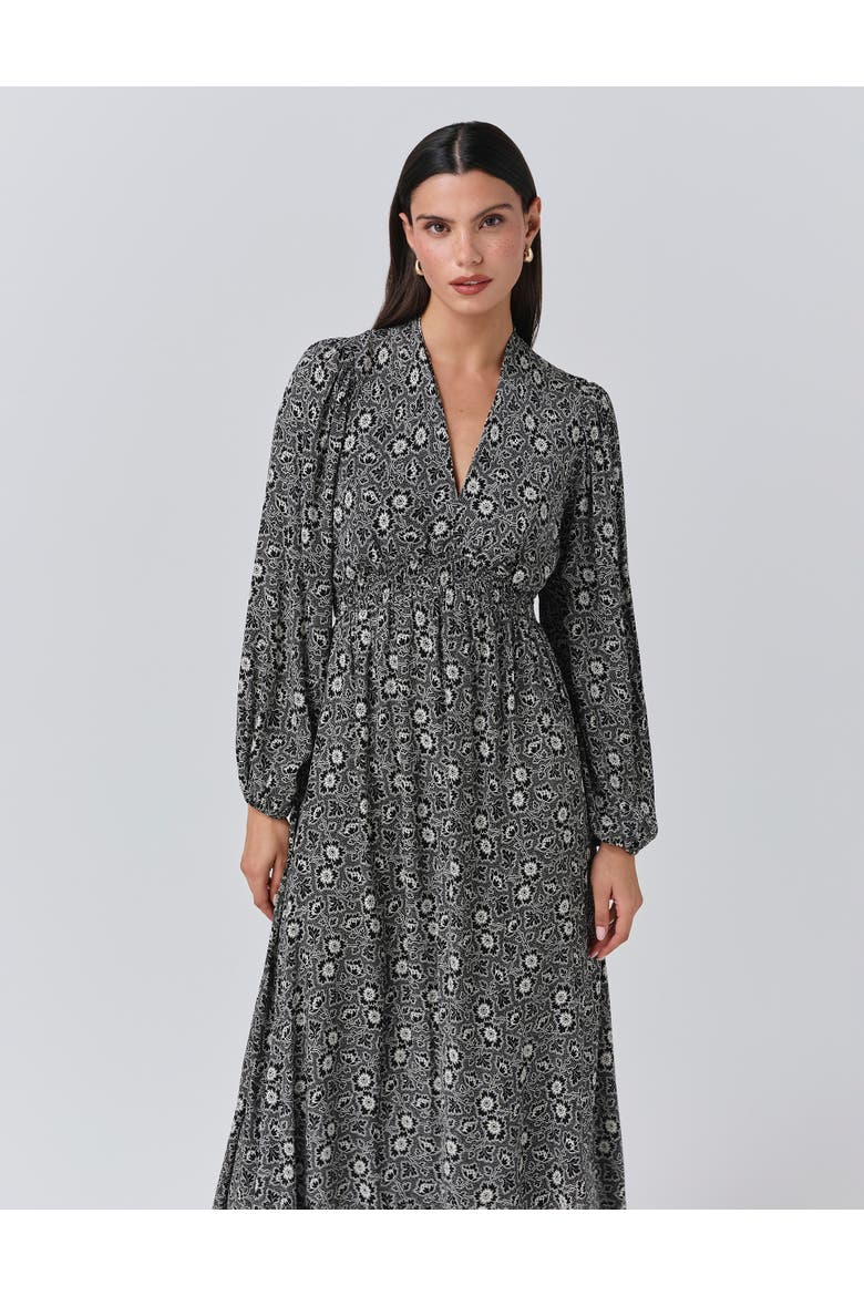 Petal Crepe V Neck Midi Waisted Dress, Alternate, color, Black Ditsy