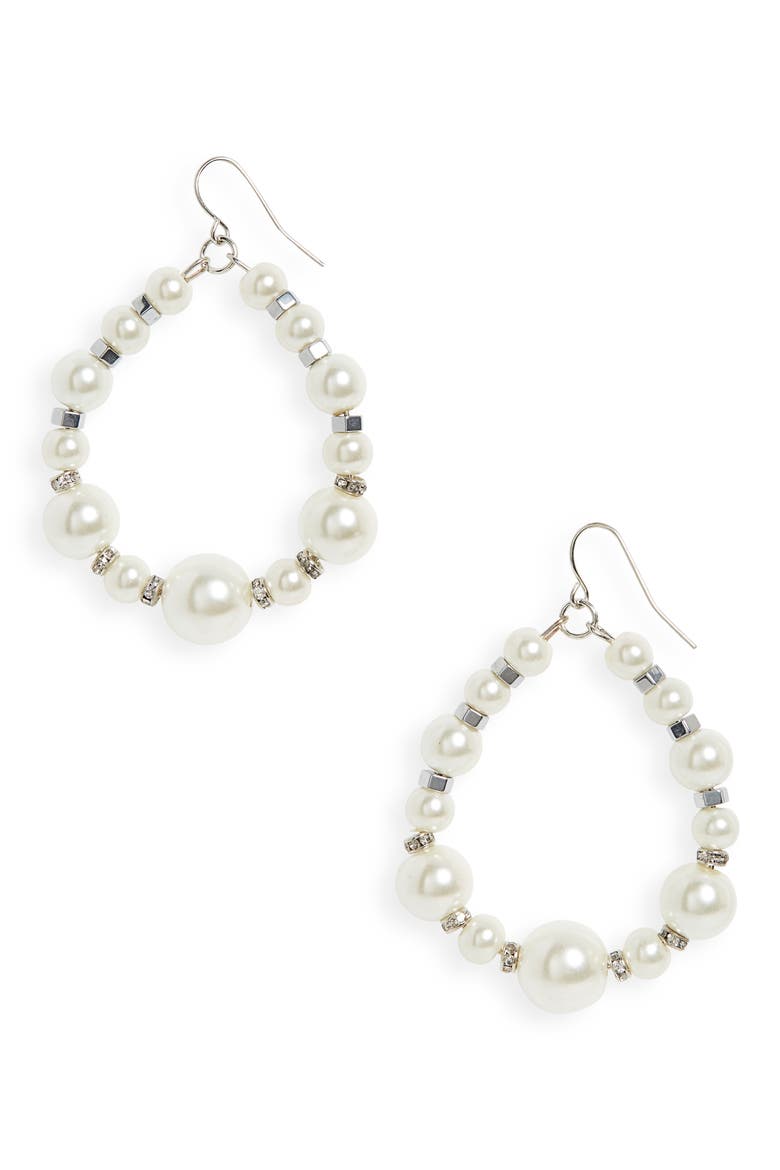 Crystal & Imitation Pearl Open Hoop Drop Earrings, Main, color, SIL/WHITE
