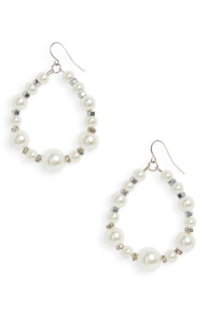 CRISTABELLE Crystal & Imitation Pearl Open Hoop Drop Earrings, Main, color, Sil/White