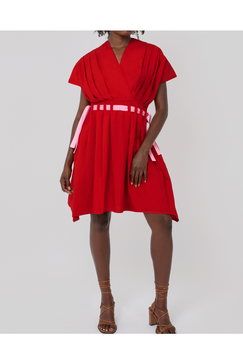 Amma Poplin Ribbon Dress, Alternate, color, Cherry Red