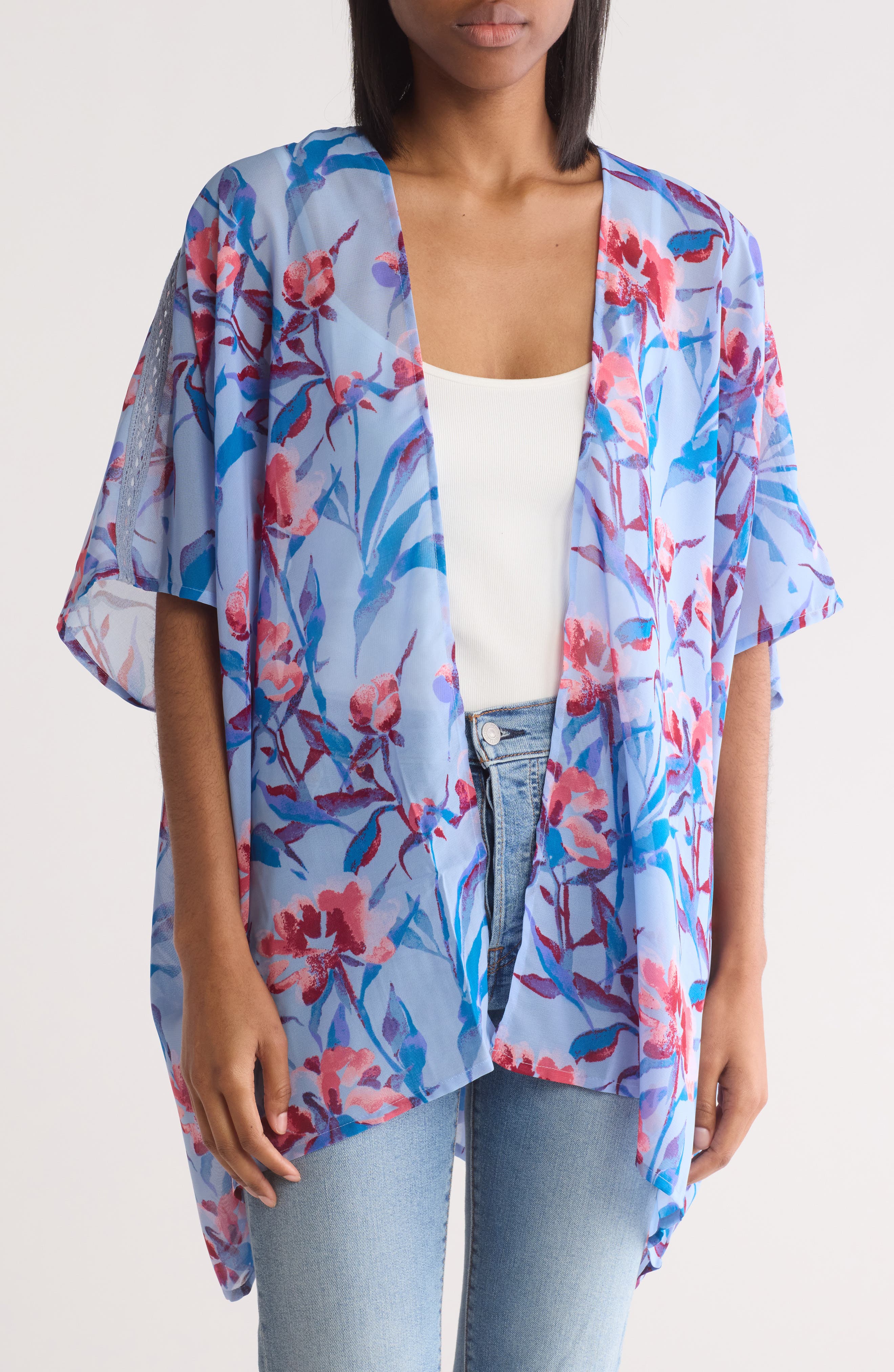 Vince Camuto Floral Ruana with Knit Trim