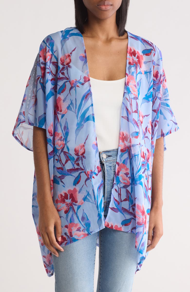 Vince Camuto Floral Ruana with Knit Trim, Main, color, Chambray