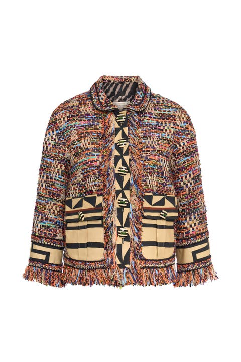 Tweed Jacket With Patch Pockets And Fringes