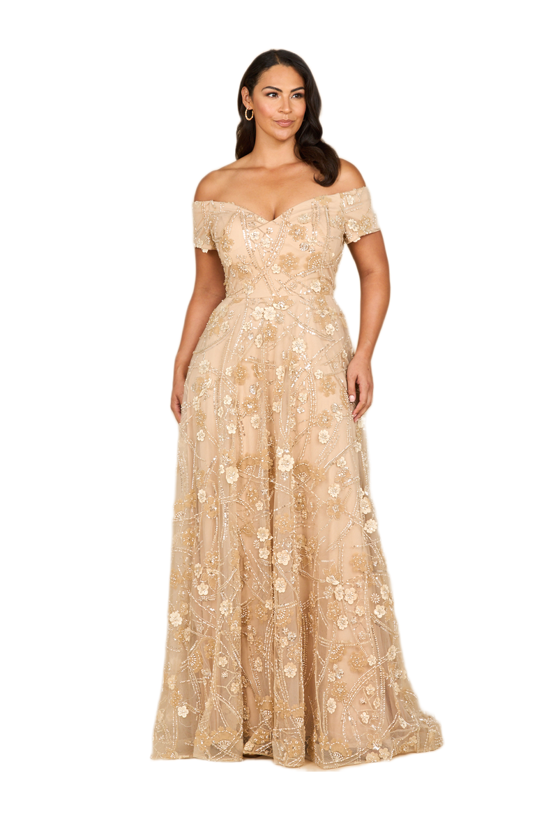 Off Shoulder A-Line Floral Gown, Main, color, Light Taupe